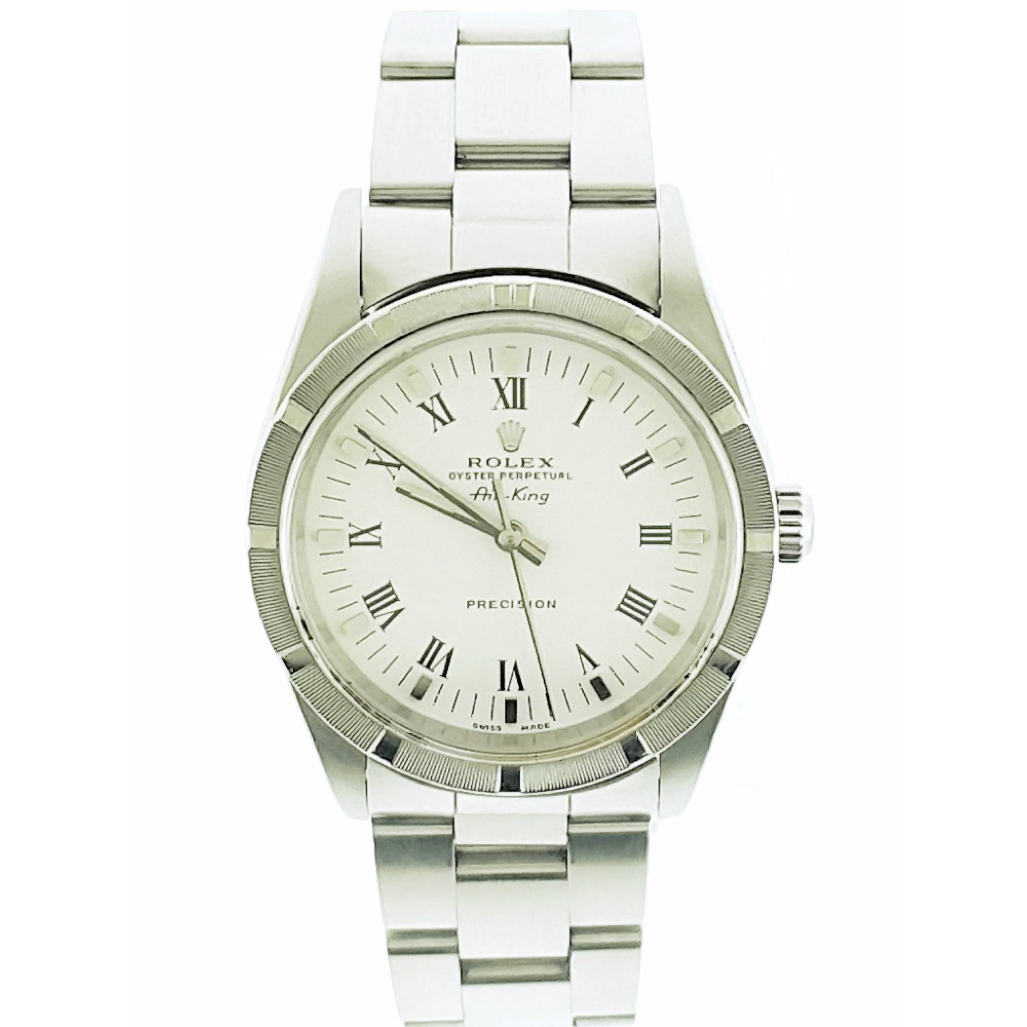 Rolex Air-King Stainless Steel Fluted With White Roman Dial 34mm Watch ...